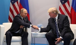 Russian President Vladimir Putin and US President Donald J. Trump shake hands during their meeting on the sidelines of the G20 summit in Hamburg, Germany, 7 July 2017. 
