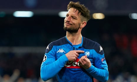 Dries Mertens celebrates scoring against Barcelona in the Champions League on 25 February