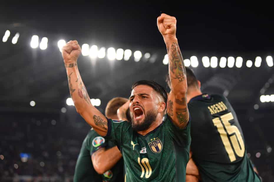 Lorenzo Insigne celebrates Jorginho’s opening goal during a Euro 2020 qualifier against Greece in Rome