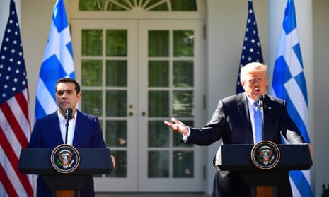 US president Donald Trump at a press conference with Alexis Tsipras, prime minister of Greece.