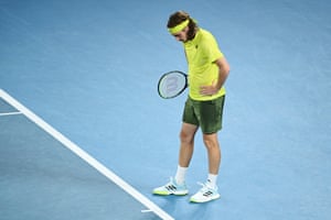 Stefanos Tsitsipas of Greece looks on after losing the second set.