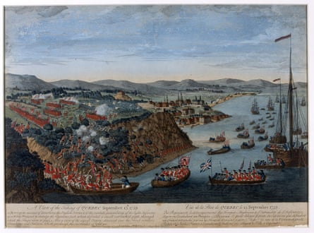 Painting depicting the Taking of Quebec, 1759, showing red-coated soldiers arriving at the shore in small wooden rowing boats which are ferrying them from tall wooden ships in the river