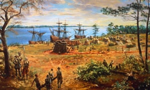 Early settlers carry lumber in Jamestown, Virginia, the first permanent English settlement in America, circa 1610.