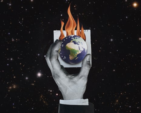 A man's hand is turning up a temperature dial over the globe as flames appear
