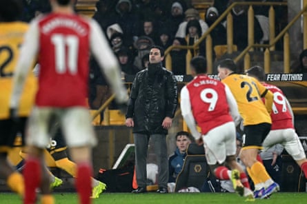 Mikel Arteta watches Wolves v Arsenal from the sidelines