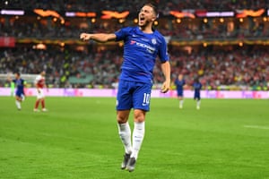 Eden Hazard of Chelsea celebrates after scoring his team’s fourth goal.