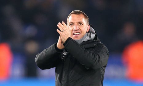 Leicester’s manager Brendan Rodgers applauds the fans after the final whistle of the late win against Everton.
