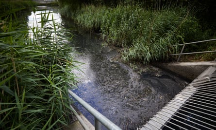 Pipa luapan air dari Sungai Thames mengarah ke area lahan basah di London Olympic Park.