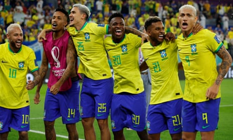 Brazil's players celebrate after the FIFA World Cup Qatar 2022 Round of 16 match victory over South Korea.