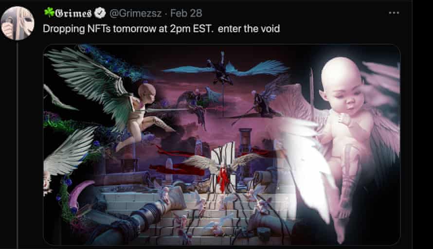 Screengrab of Grimes announcing her NFTs art on Twitter ( @Grimezsz).