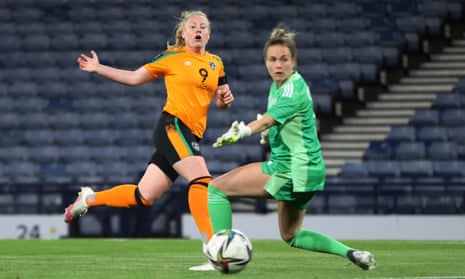 The Republic of Ireland's Amber Barrett watches her shot roll in for the only goal of the game