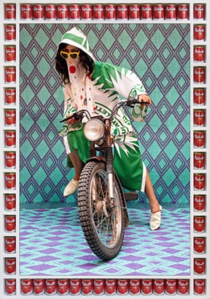 M. 2010 

 “Kesh Angels” takes its inspiration from Hells Angels gangs and references the nickname of Marrakesh (“Kesh”). These are portraits of women who wear djellabas, scarves, veils or other traditional items that contrast sharply with the surprising modernity of certain details, such as vividly coloured fabrics, leopard prints, sunglasses, or shoes imitating high-end luxury brands. Proud and defiant, they pose on their motorbikes around the city.