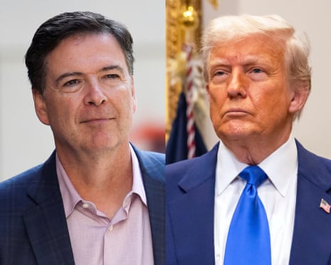James Comey in Dublin, Ireland, in 2018. Donald Trump at the White House on 12 May 2025.