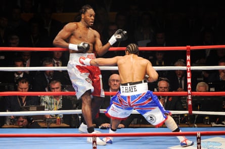 Audley Harrison retreats as David Haye throws a punch in their 2010 fight