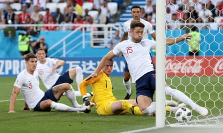 Gary Cahill clears off the line for England during the 2018 World Cup group game against Belgium.