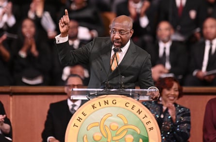 Senator Raphael Warnock (D-GA) speaks at the Ebenezer Baptist Church in Atlanta, Georgia, on Monday.