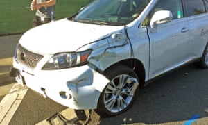 A self-driving Lexus SUV, operated by Google, after colliding with a public bus in Mountain View, California, in February 2016.