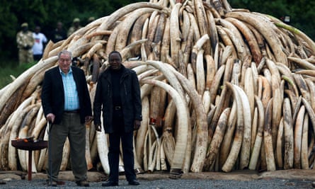 Richard Leakey, the chairman of the Kenyan Wildlife Service, with Uhuru Kenyatta, the president of Kenya, in 2016, with piles of ivory and rhino horn confiscated from smugglers and poachers. The president set the pile on fire.