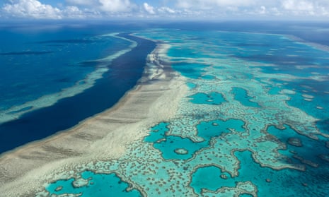 Aerial view of the Great Barrier Reef near the Whitsunday Islands, Australia