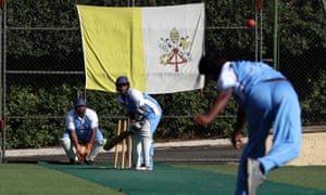 In this picture made available Wednesday, Oct. 23, 2013, cricket players attend a training session in front of a Vatican flag, at the Maria Mater Ecclesiae Catholic College in Rome, Tuesday, Oct. 22, 2013. The Vatican has officially launched its cricket club, an initiative aimed at forging ties with teams of other faiths. The aim is to boost interfaith dia logue, given cricketâs immense popularity in largely non-Catholic India, Pakistan and Bangladesh. (AP Photo/Str)