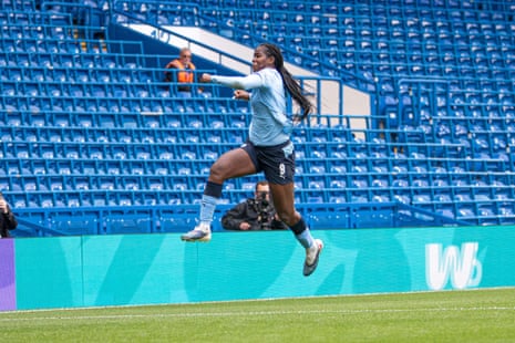 Khadija Shaw celebrates scoring for Manchester City against Chelsea