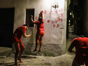 Calabria, Italy. Men known as Vattienti, the faithful penitents scourging their thighs as part of the Vattienti religious ritual of flagellation during Holy Week