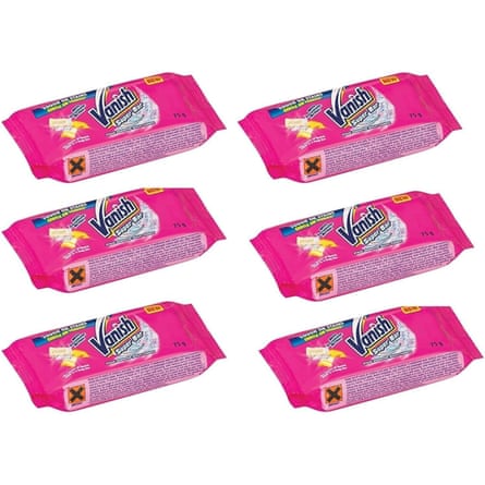 Six bars of Vanish Grease Stubborn Stain Remover Multi-Fabric, Pre-Wash.