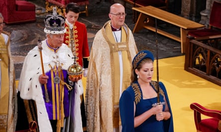 Penny Mordaunt carrying the Sword of State at the coronation of King Charles III in Westminster Abbey, London, 6 May 2023