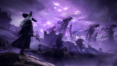 Shot from video game Elden Ring of a witch character standing in a purple and black scene