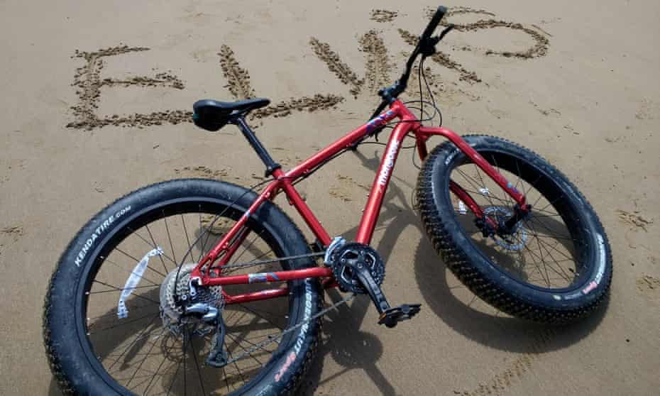 A fat-bike on a beach in Porthcawl in Wales, home to one of the world’s biggest Elvis festivals
