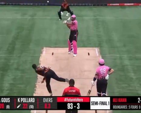 Mississauga Mastersâ Ali Khan delivers a ball which bounces over the boundary in a Canada Super 60 match.