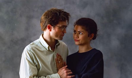 Zendaya with Robert Pattinson in The Drama; the couple look unsettled as they pose for a formal photograph.