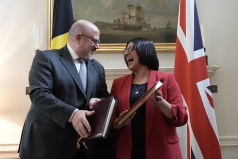 Shabana Mahmood signing the LECA with the Belgian interior minister, Bernard Quintin, at Carlton Gardens, London.