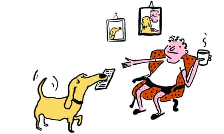 Illustration of a man sitting in an armchair, with a cup of tea, and a dog passing him the remote control