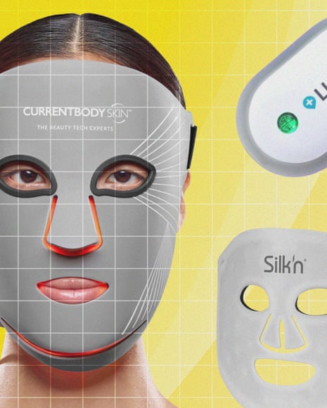 A person wears a grey LED face mask, shown beside two other facial skincare masks.