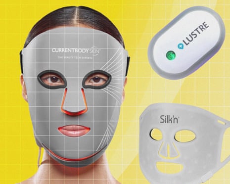 A person wears a grey LED face mask, shown beside two other facial skincare masks.