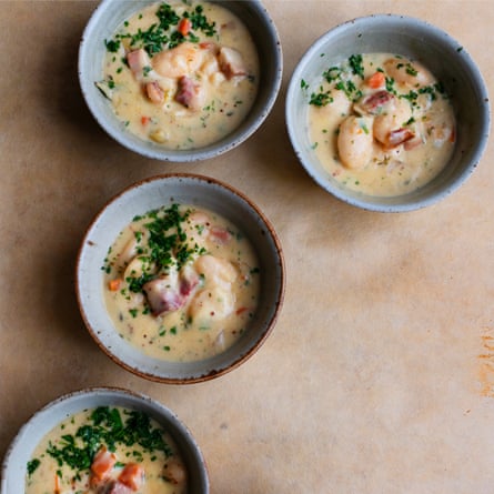 Cheese soup with beans and bacon.