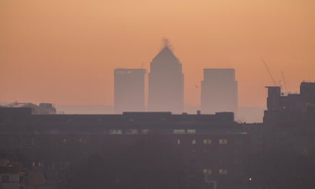 Hazy early morning view of Canary Wharf in London