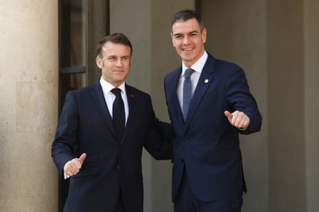 Spanish prime minister Pedro Sánchez is greeted by French President Emmanuel Macron ahead of meeting in Paris, France in March 2025.|465x309.94967532467535