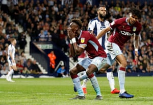 Tammy Abraham of Aston Villa reacts after losing the chance to score.