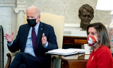 Joe Biden with House speaker Nancy Pelosi in the Oval Office on Friday. House Democratic leaders have said the chamber should be ready to pass relief legislation by the end of the month.