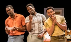 David Ajala as Jim Brown, Sope Dirisu as Cassius Clay and Arinzé Kene as Sam Cooke in One Night in Miami.