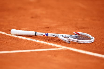 Daniil Medvedev’s broken racket on the clay.
