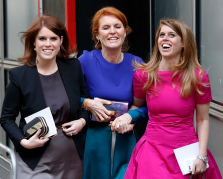 Princess Eugenie, left, Sarah Ferguson, Duchess of York and Princess Beatrice at the wedding of Petra Palumbo and Simon Fraser