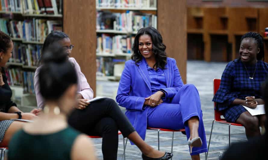 Former first lady Michelle Obama begins her book tour with a stop at the Whitney M Young Magnet high school in Chicago, Illinois, on Monday.