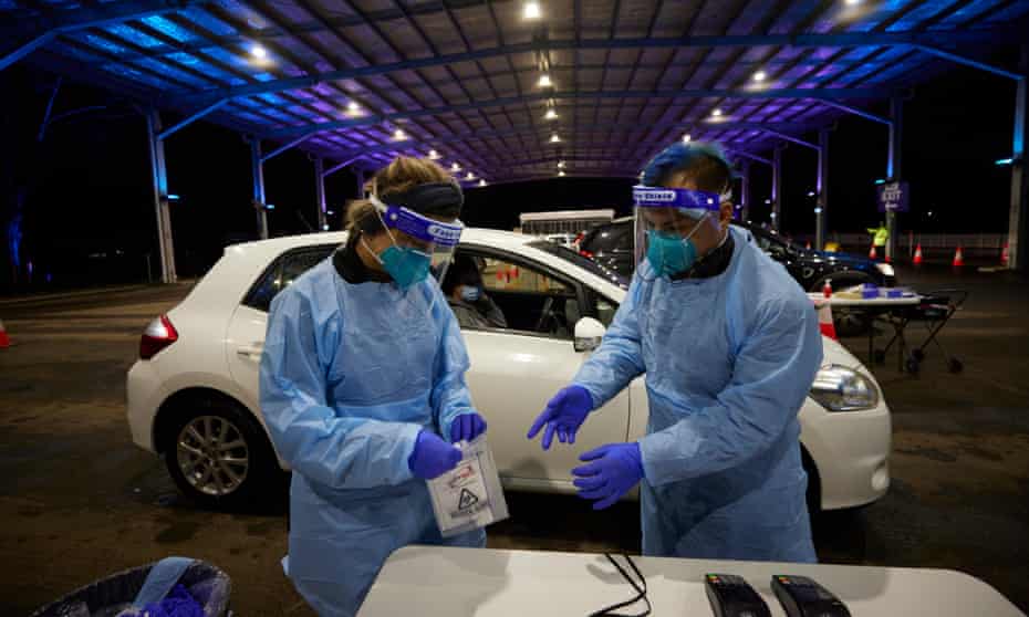 A drive-through testing clinic at Fairfield showgrounds in Sydney