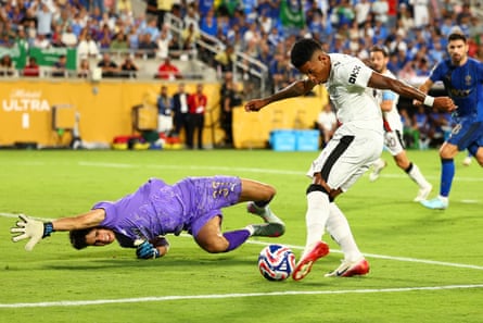 Manchester City attacker Savinho is denied by Al-Hilal goalkeeper Yassine Bounou