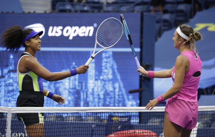 Naomi Osaka of Japan (L) and Victoria Azarenka of Belarus in a physically distanced greeting at the net after Osaka defeated Azarenka to win the Women’s Final match on the thirteenth day of the US Open Tennis Championships the USTA National Tennis Center in Flushing Meadows, New York, USA, on 12 September 2020. Due to the coronavirus pandemic, the US Open is being played without fans and runs from 31 August through 13 September.