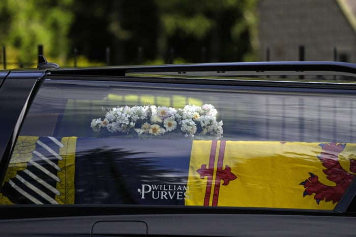 A closer view of the wreath placed on the coffin of Queen Elizabeth II.