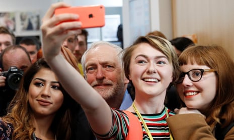 Jeremy Corbyn poses for selfies at a campaign event in Leeds.